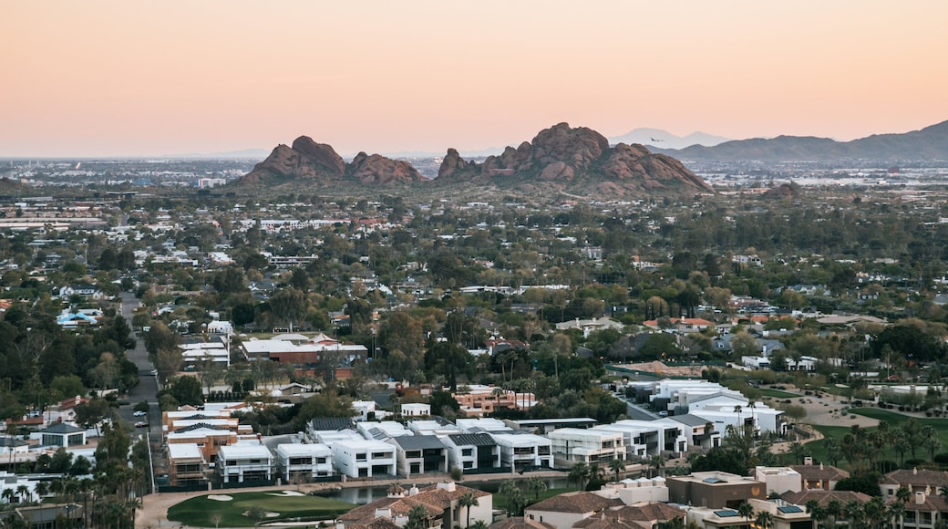 Camelback Mountain which includes a small town or village, landscape views and mountains