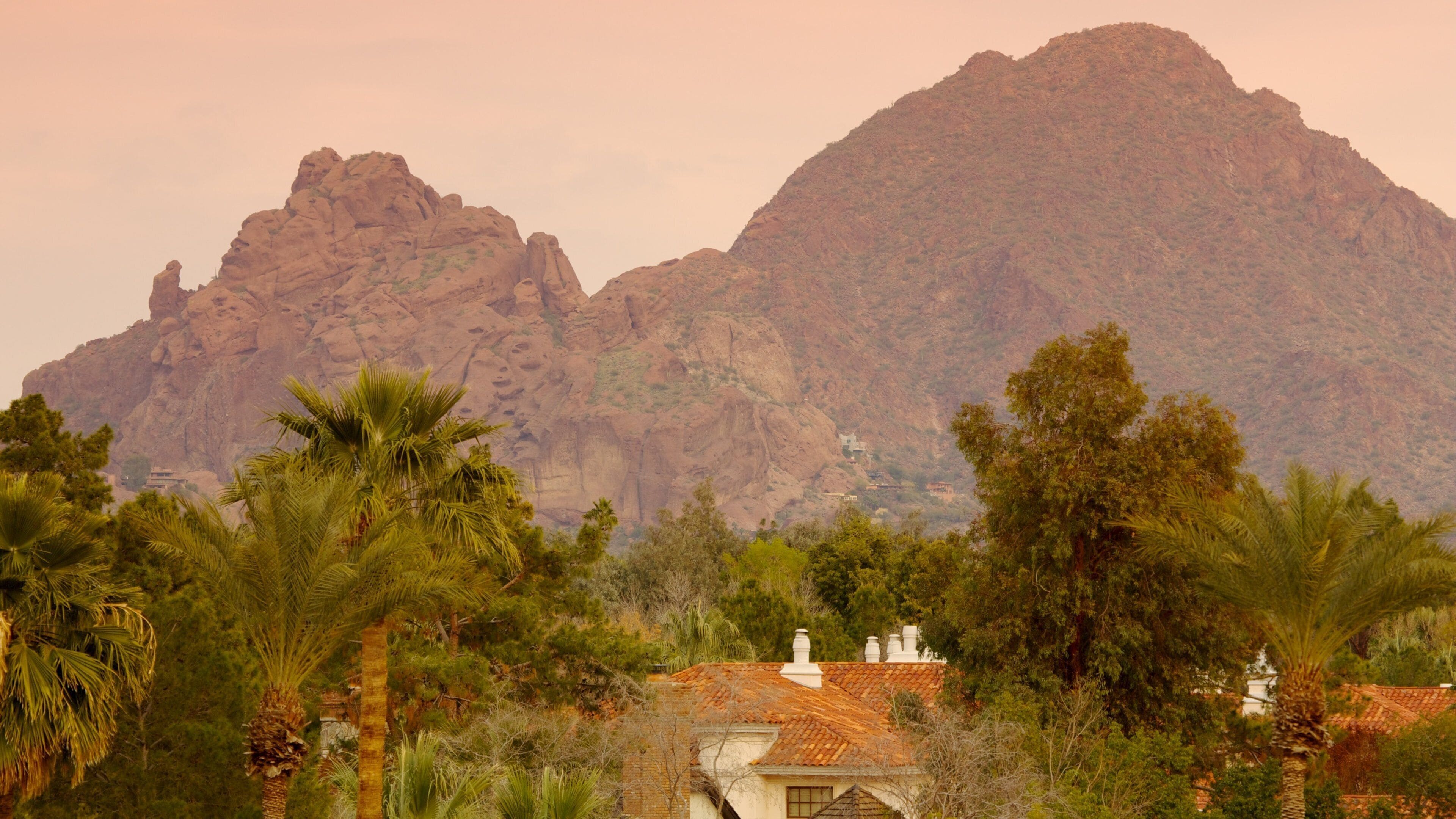 A mountainous landscape with a house in the foreground surrounded by palm trees.