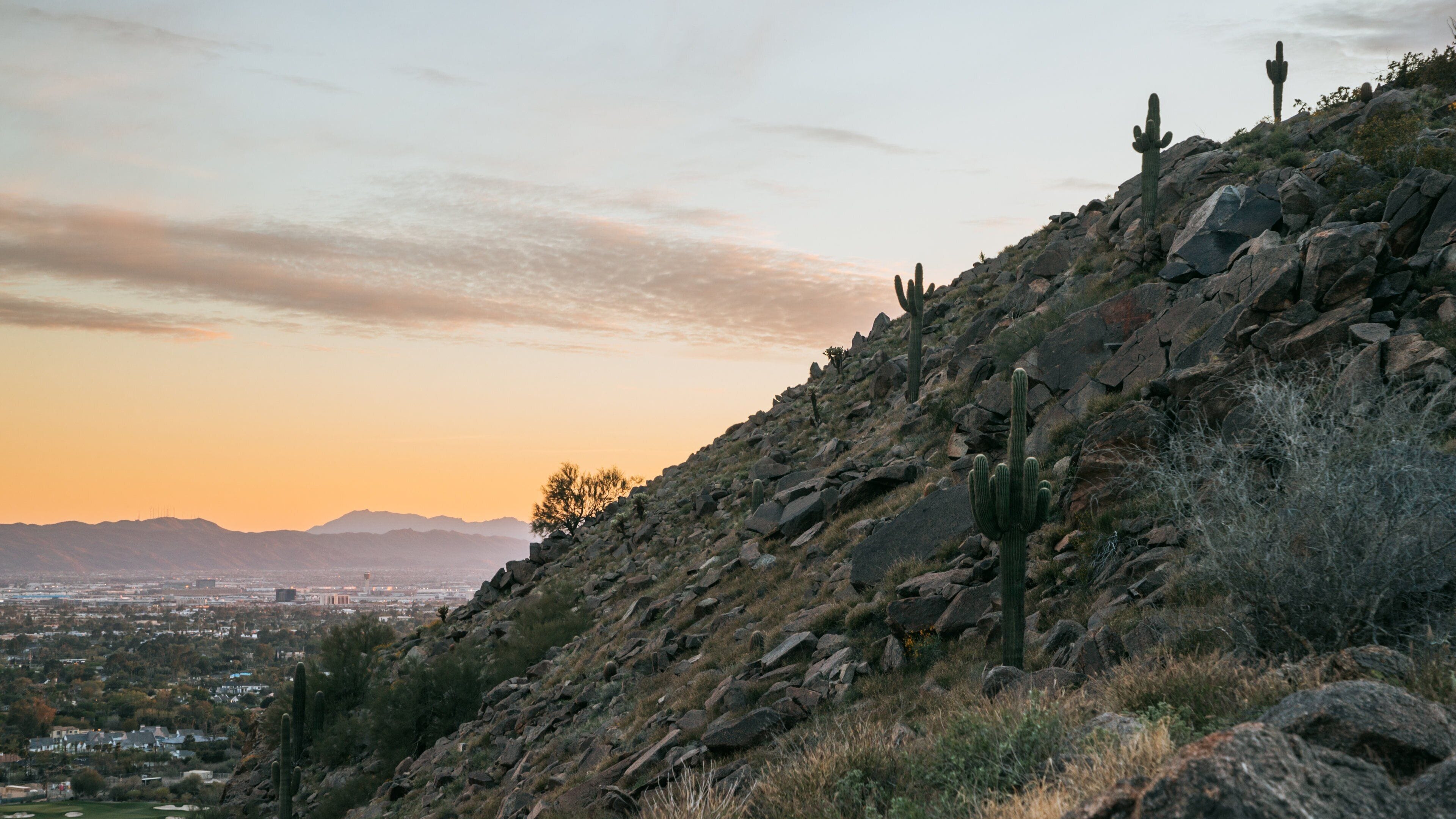 Camelback Mountain showing a sunset, desert views and landscape views