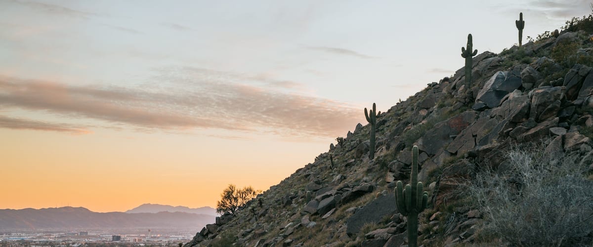 Camelback Mountain showing a sunset, desert views and landscape views