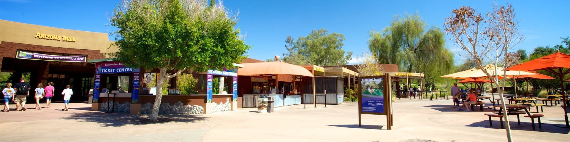 A sunny outdoor area with a ticket center, picnic tables, and a large tree.