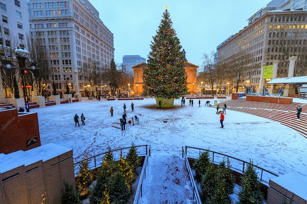 Uma praça coberta de neve, com uma grande árvore de Natal e árvores menores, cercada por edifícios.