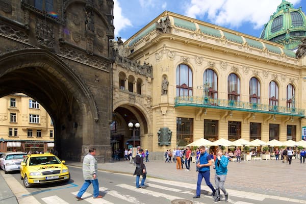 Municipal House Hall featuring a city and heritage elements as well as a small group of people