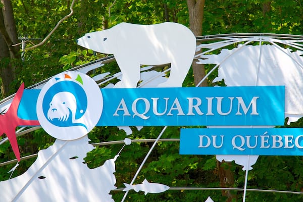 Quebec Aquarium Park which includes signage, zoo animals and marine life