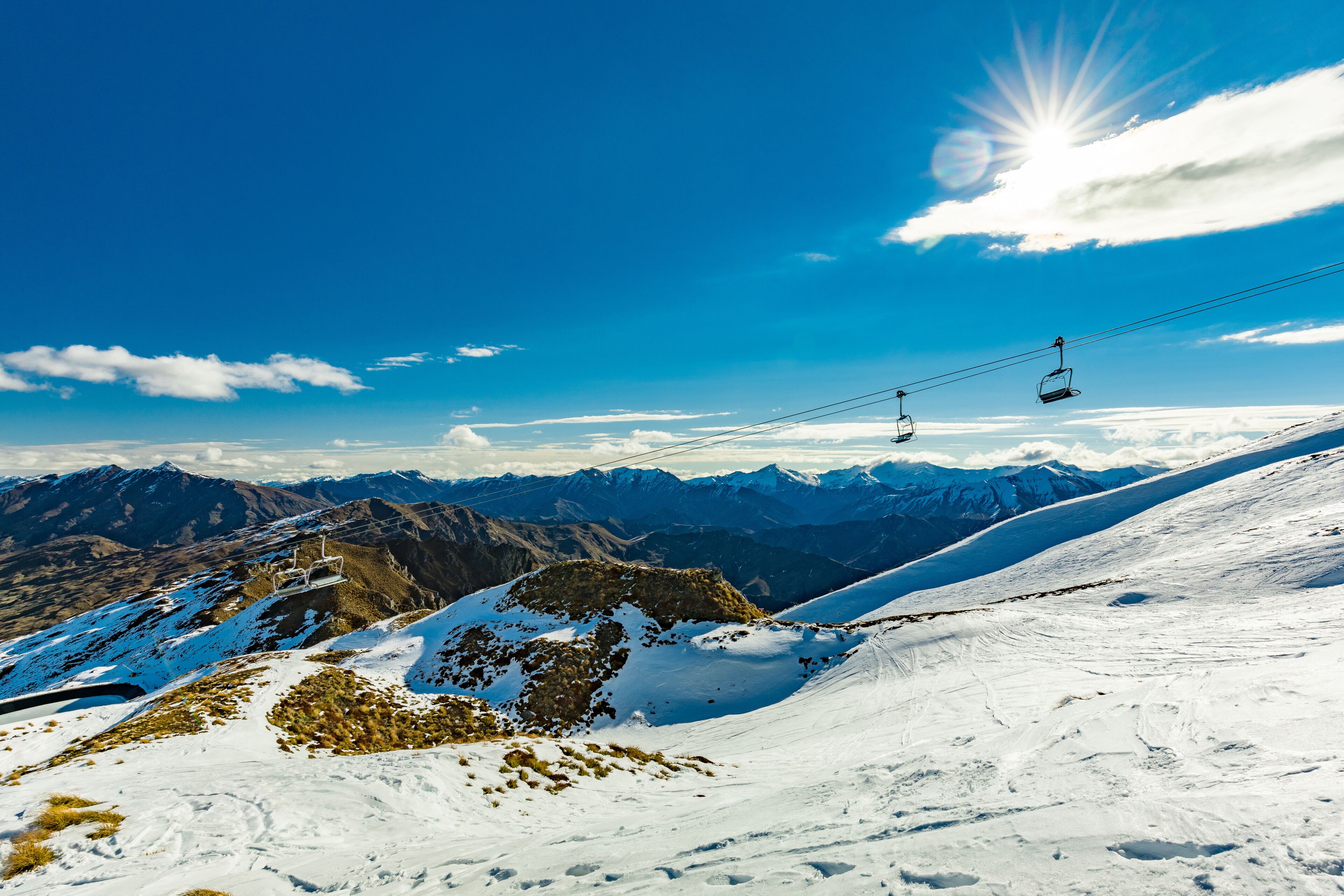 New Zealand mountain panorama and ski slopes as seen from Coronet Peak ski resort, Queenstown