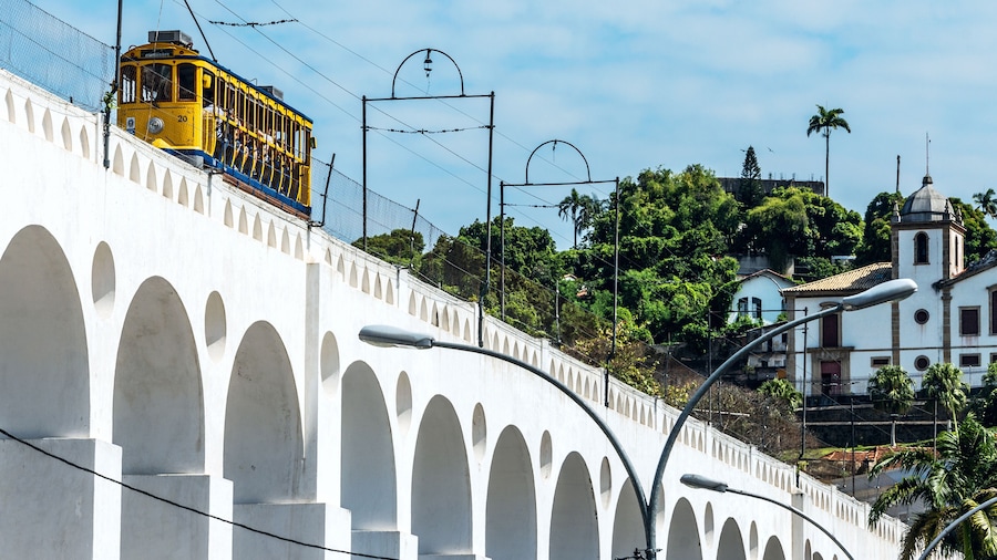 Yellow Train under the Lapa district in Rio de Janeiro, Brazil