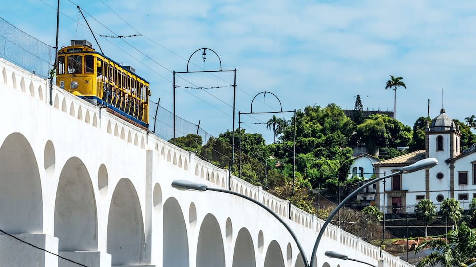 Yellow Train under the Lapa district in Rio de Janeiro, Brazil