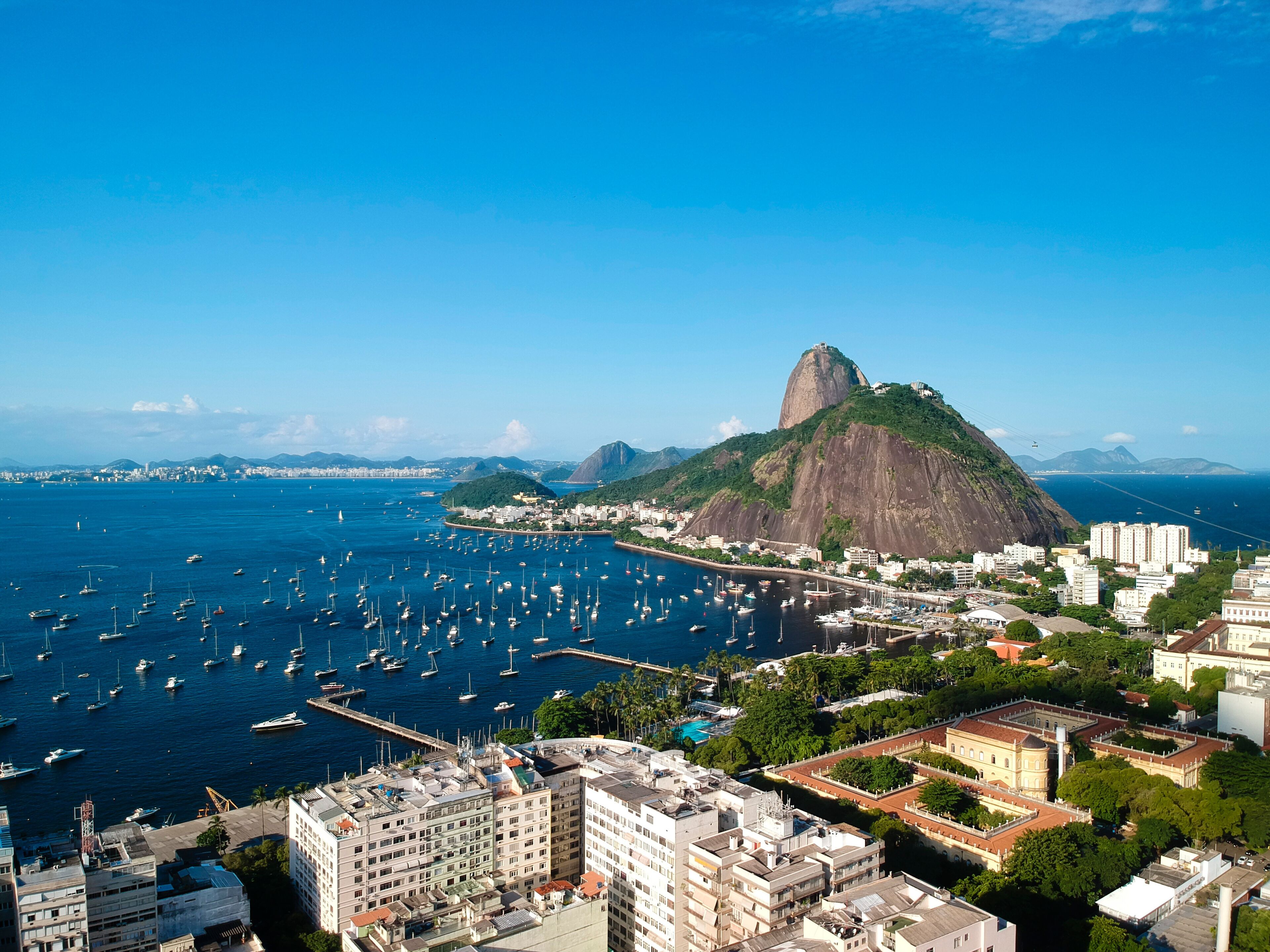 Aerial view of Botafogo Cove, Morro da Urca and Sugar Loaf, famous places in Rio de Janeiro