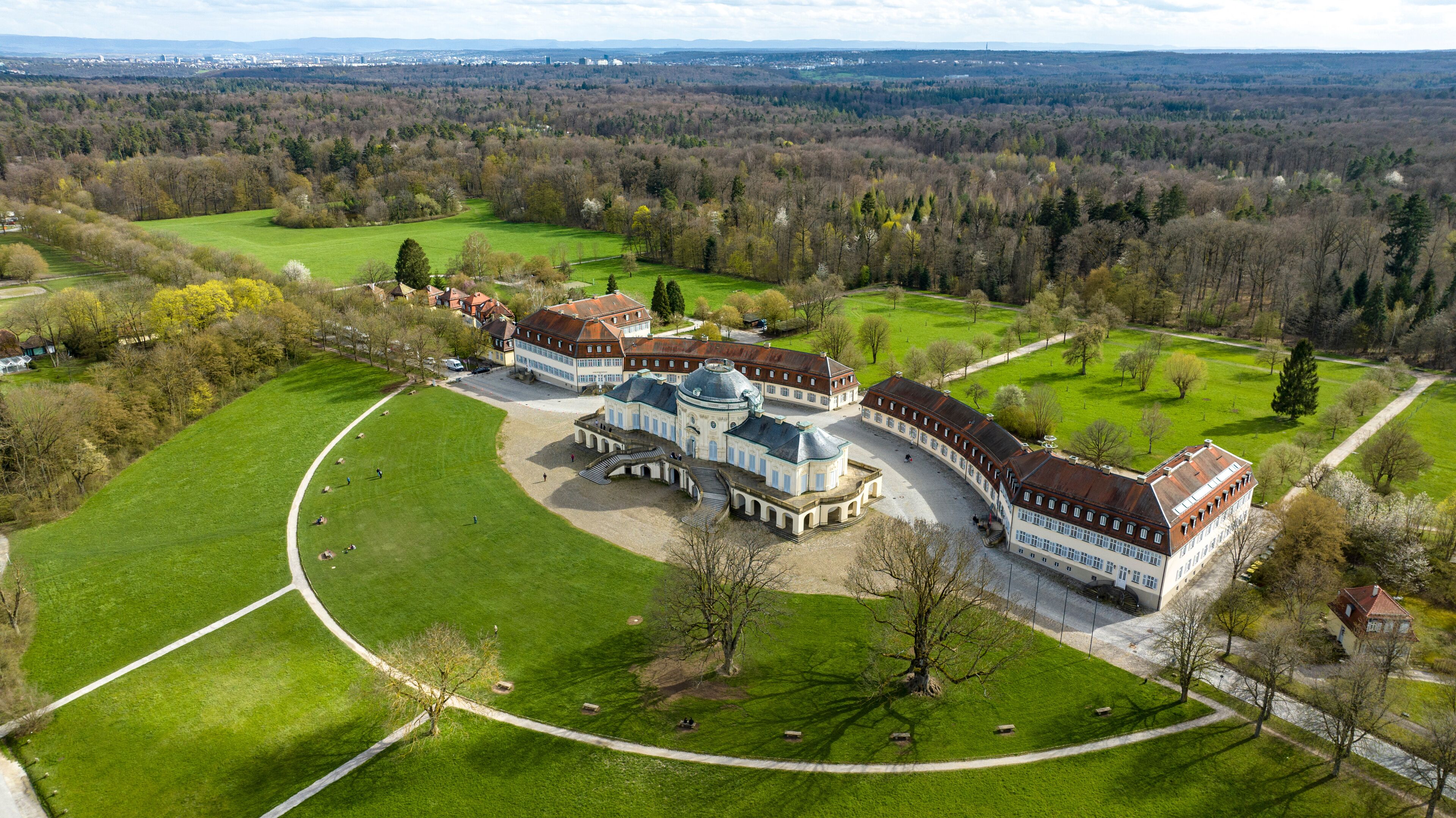 Aerial view of Solitude Palace, Baroque, Stuttgart, Baden-Württemberg, Germany