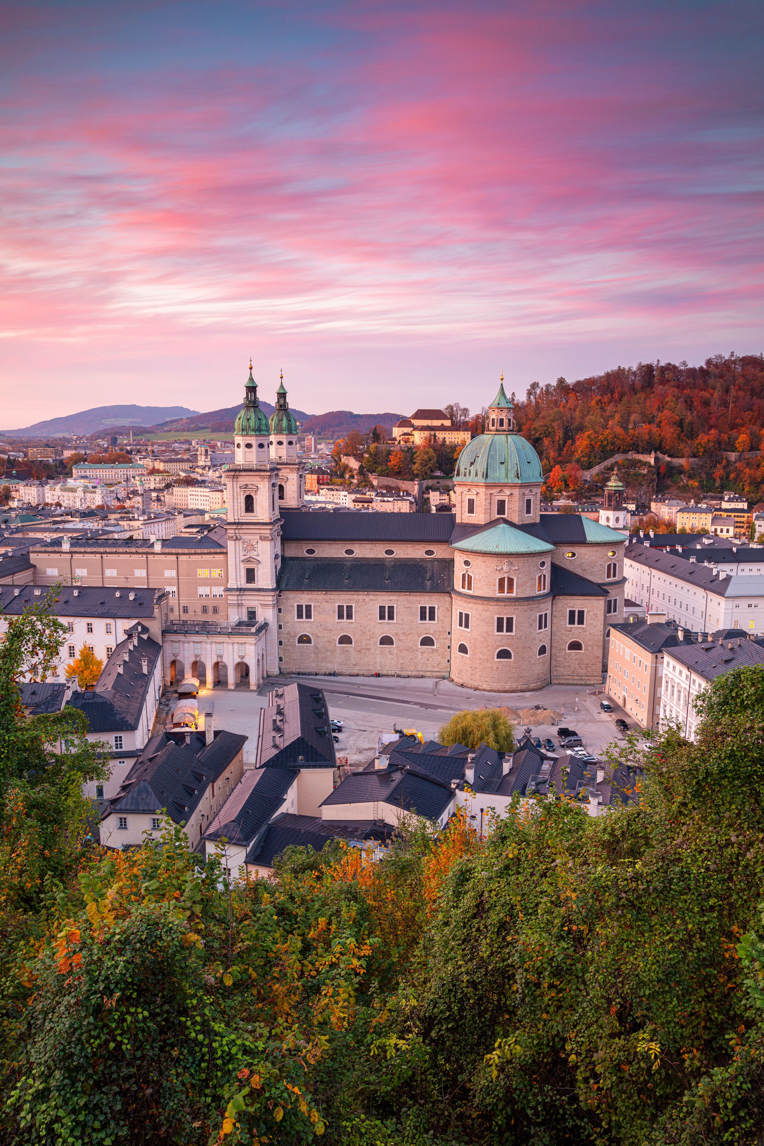Salzburg, Austria. Cityscape image of the Salzburg, Austria with Salzburg Cathedral during autumn sunset.