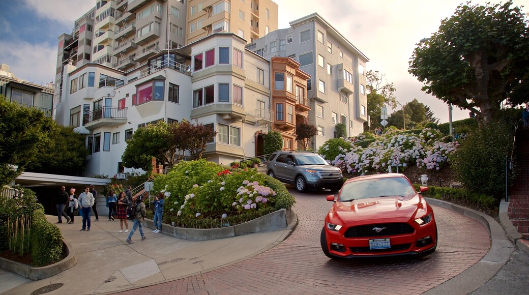 Lombard Street featuring flowers, a sunset and a house