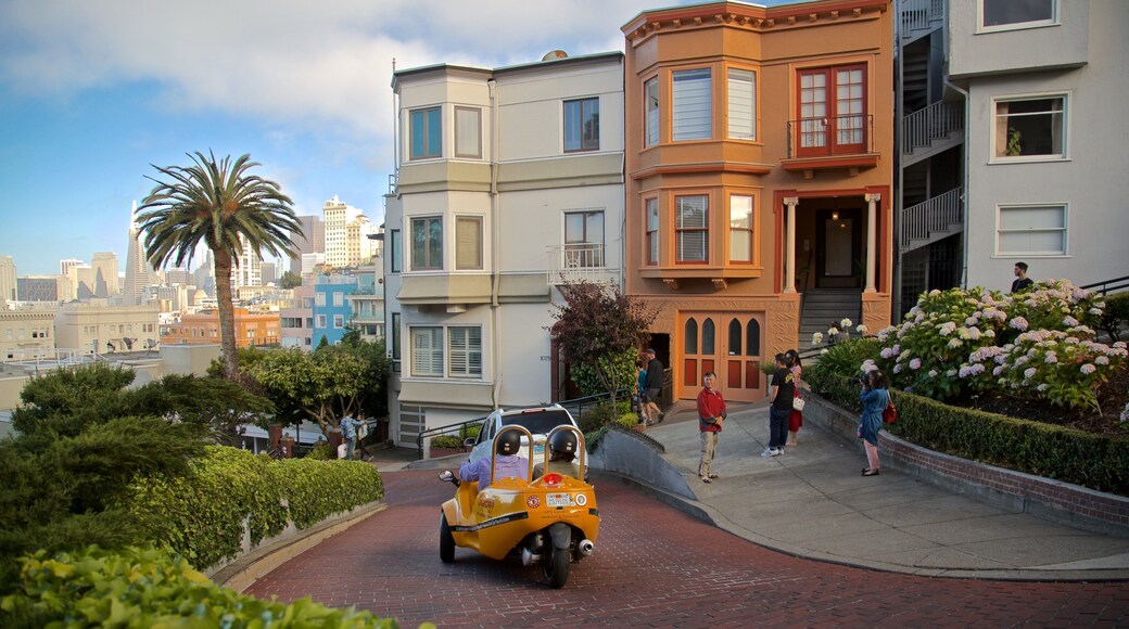 Lombard Street showing flowers and a house as well as a small group of people