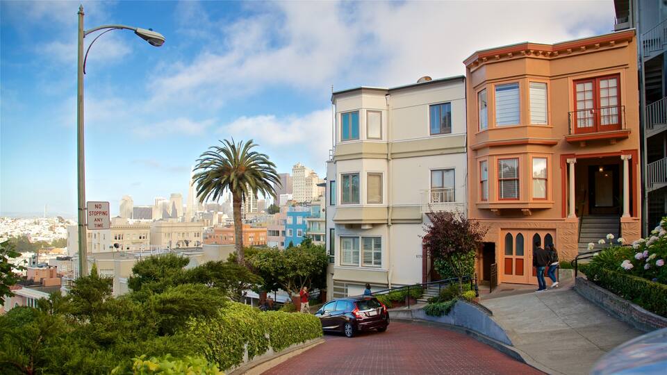 A street with a car parked on the side, a palm tree, and buildings with bay windows.