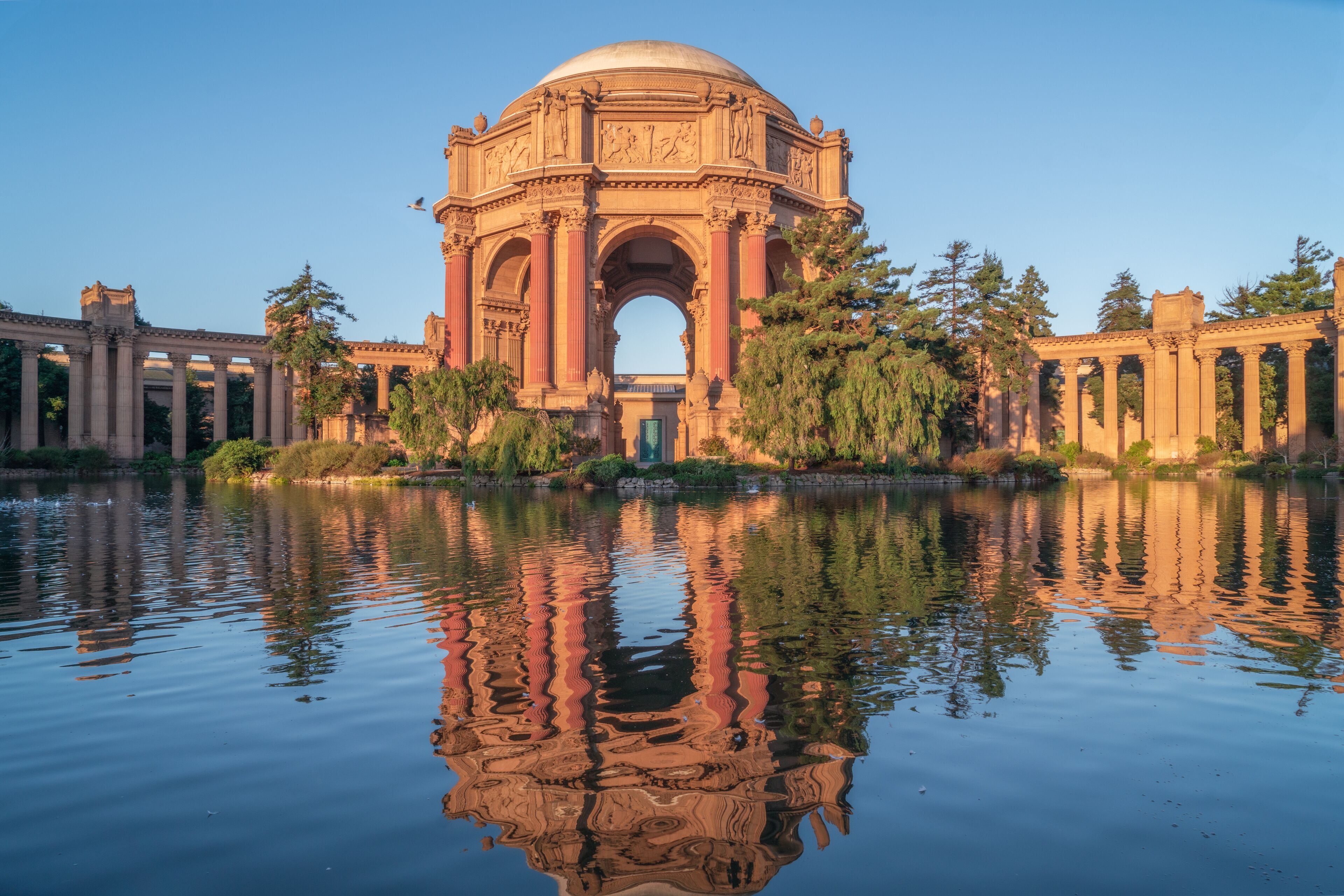 The Palace of Fine Arts in the Marina District of San Francisco, California is a monumental structure originally constructed for the 1915 Panama-Pacific Exposition in order to exhibit works of art. 