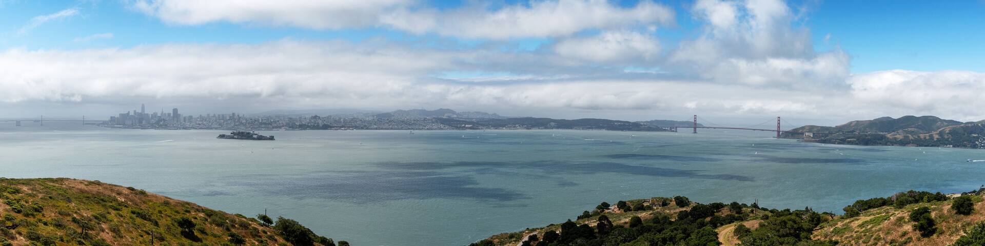 Panorama of San Francisco, including the Golden Gate Bridge and Alcatraz Island, as seen from Angel Island
