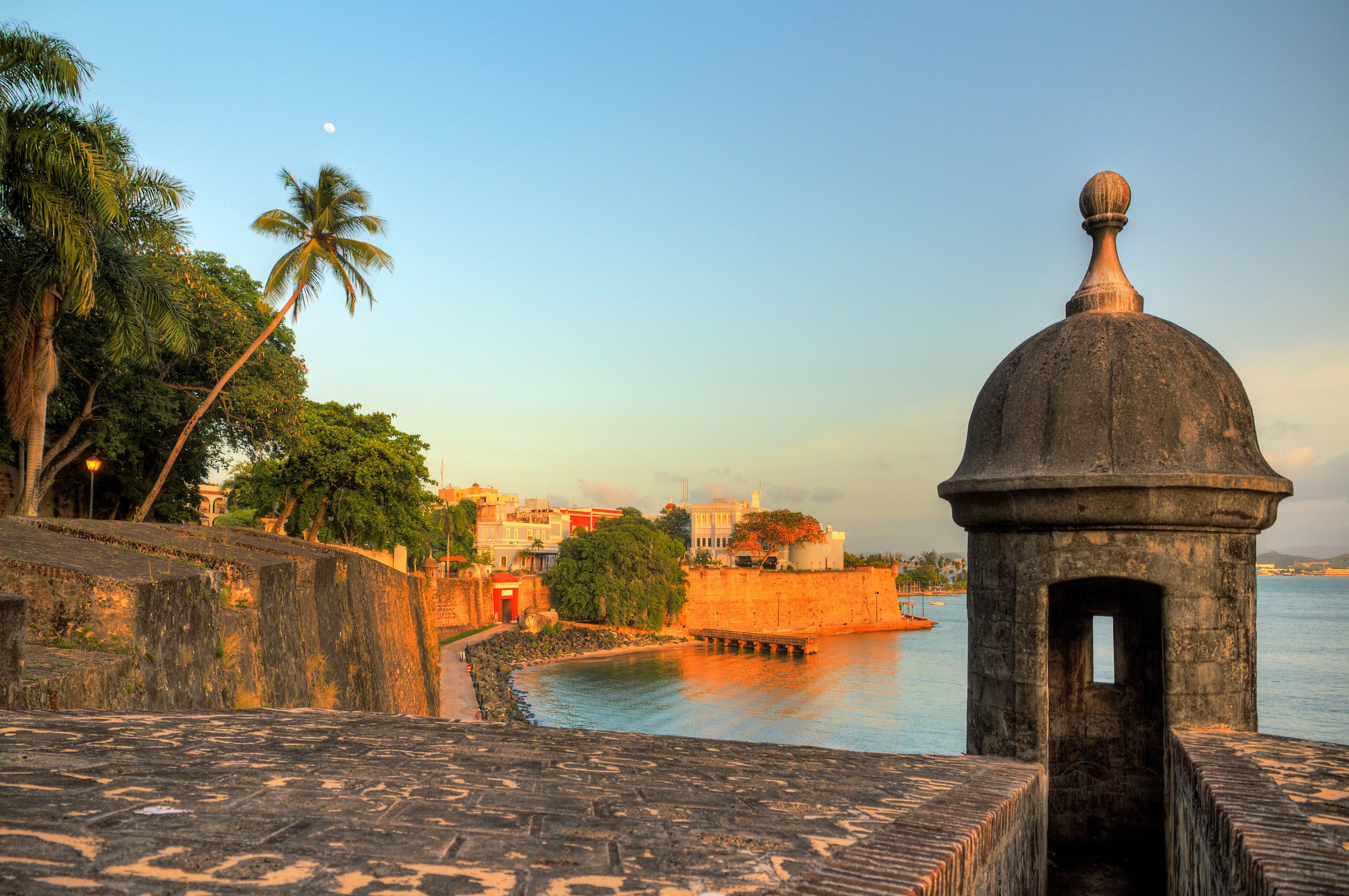 A coastal fortification with a dome structure, palm trees, and a calm sea.