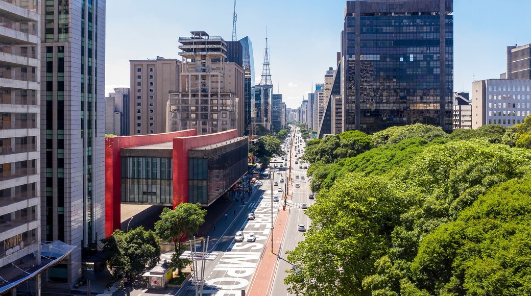 Paulista avenue, financial center of Sao Paulo and Brazil and MASP seen from above with its commercial buildings and intense movement of people and cars, Brazil