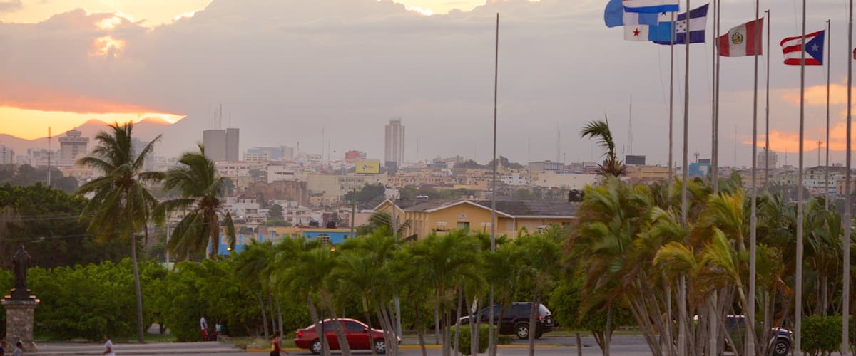 A cityscape with palm trees, a red car, and multiple flags on poles.