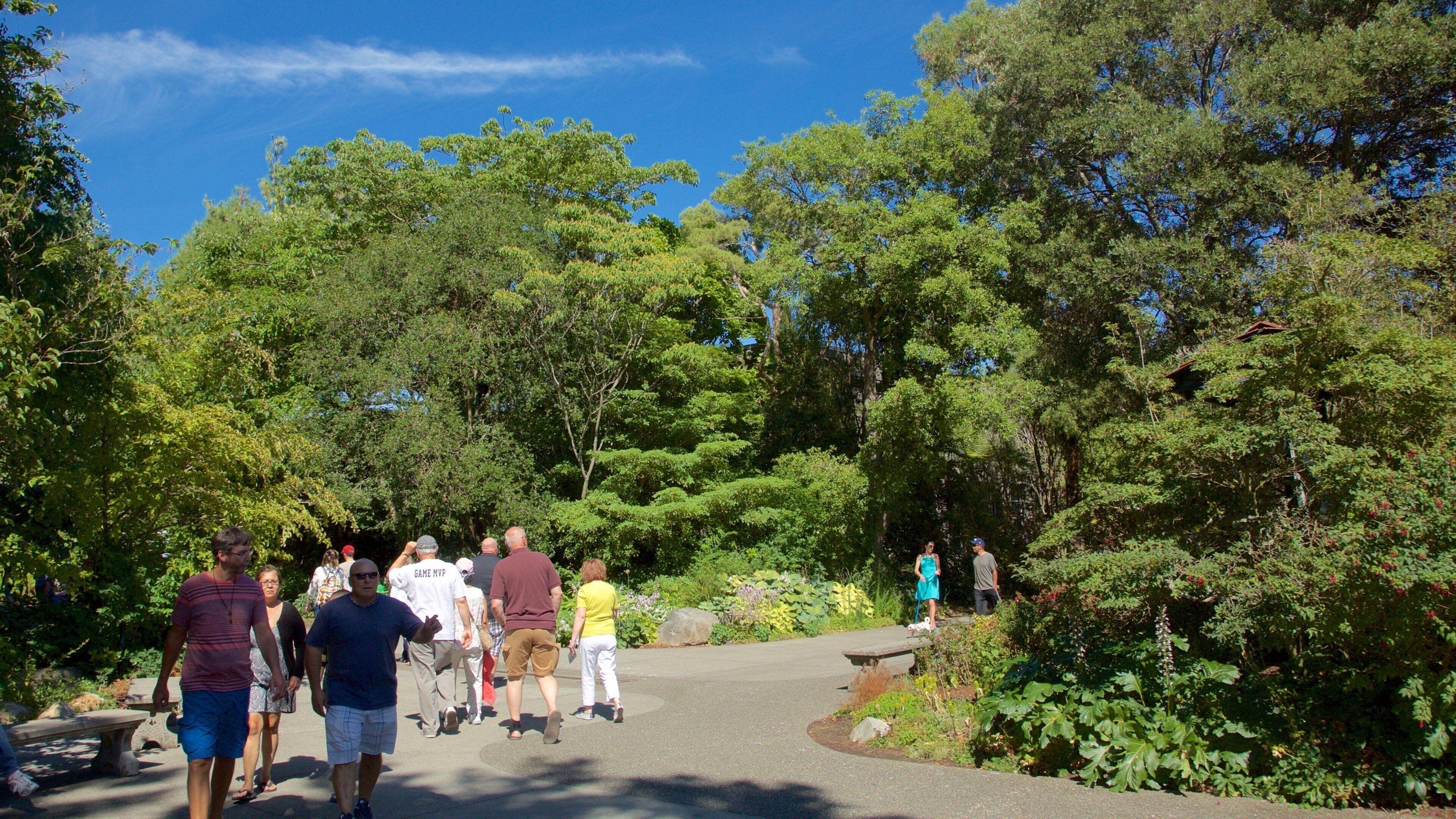 Hiram M. Chittenden Locks featuring a garden as well as a small group of people