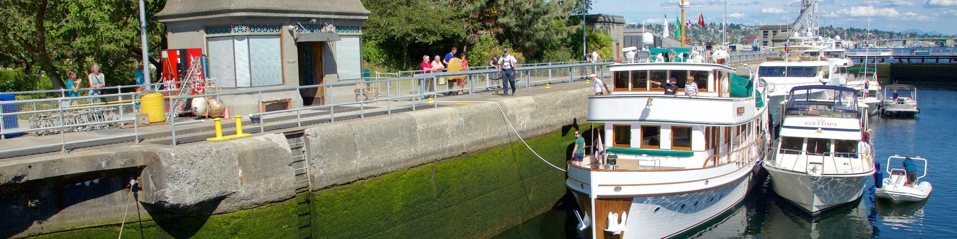 Hiram M. Chittenden Locks featuring a river or creek and boating as well as a small group of people
