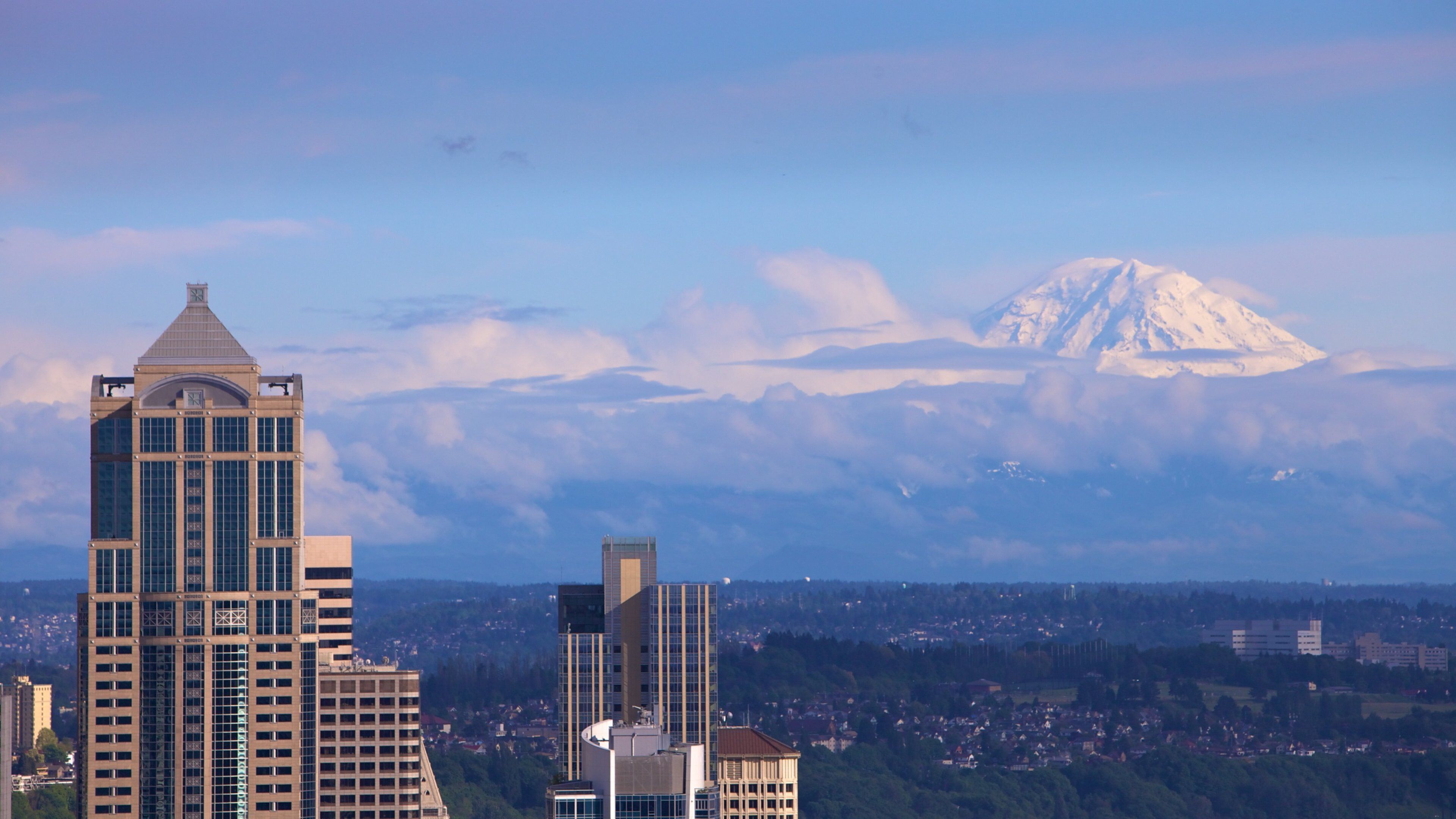 Space Needle som inkluderar en skyskrapa, en stad och skyline