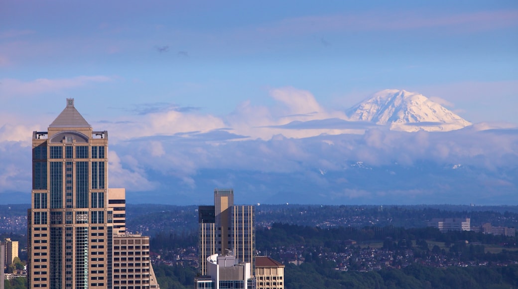 Space Needle showing mist or fog, a skyscraper and a city