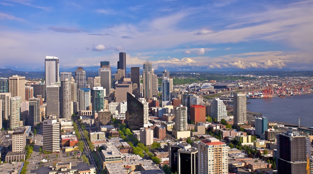 Iconic Space Needle rises above Seattle skyline under clear blue skies showcasing urban beauty