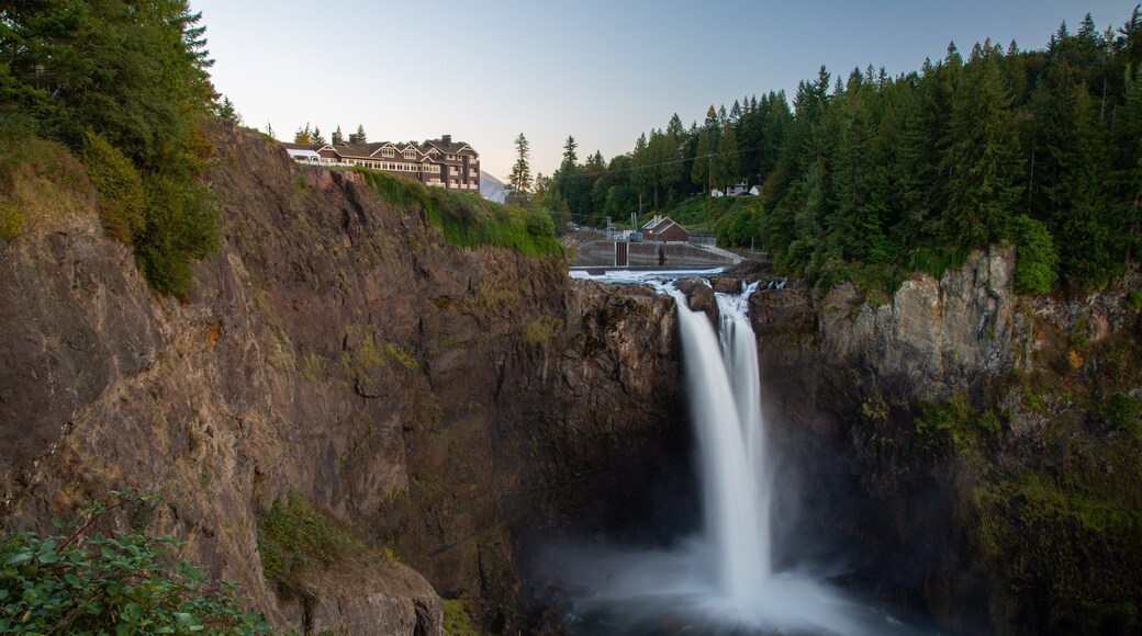 Snoqualmie Falls showing a cascade and a sunset