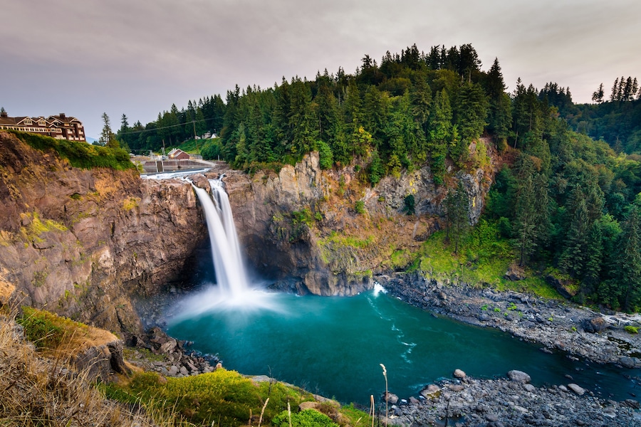 Landscape of Snoqualmie Falls in Washington State, USA. Washington State is a state in the Pacific Northwest.The Washington state's largest city is Seattle.This is one landmark of Washington State; Sh
