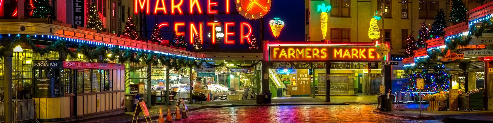 Sunrise at the market with light reflection on the cobblestone street.