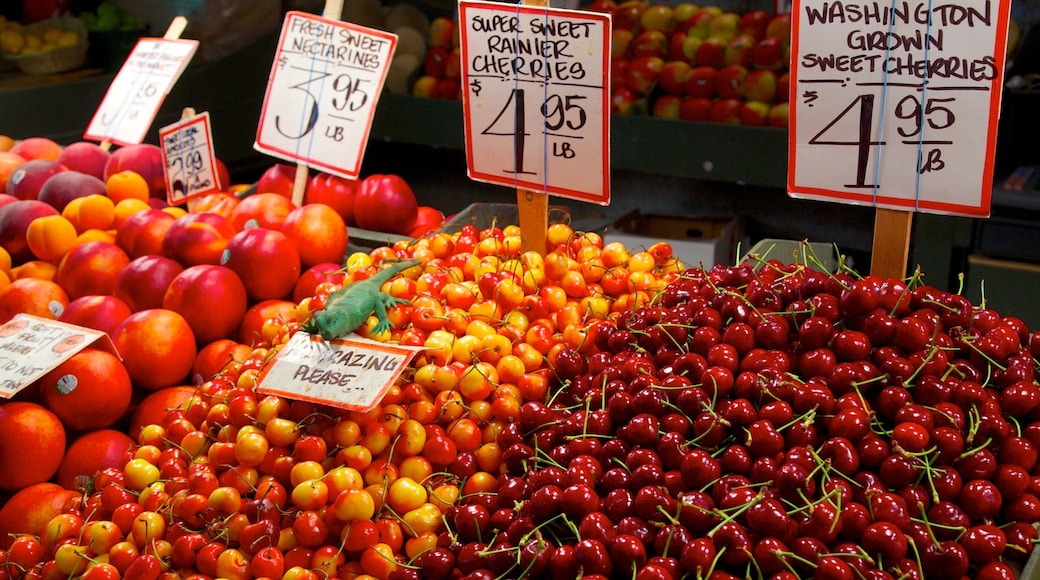 Pike Place Market showing signage, interior views and markets