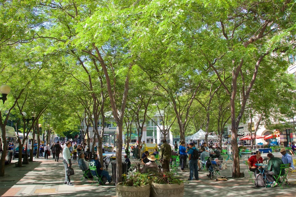 Een levendige stadsstraat met bomen en terrassen.