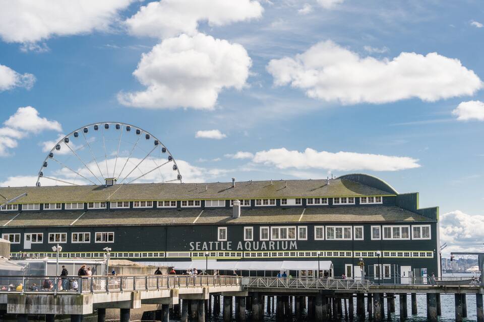 The Seattle Aquarium building with a Ferris wheel in the background.
