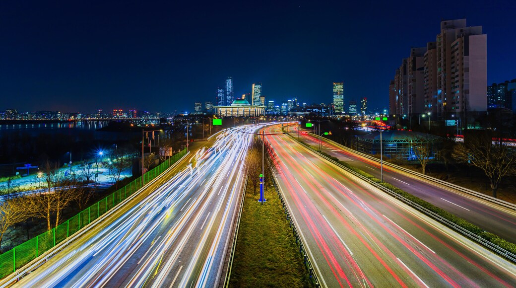Traffic of Seoul Aerial viewpoint of National Assembly building,Hangang River in Seoul,South Korea