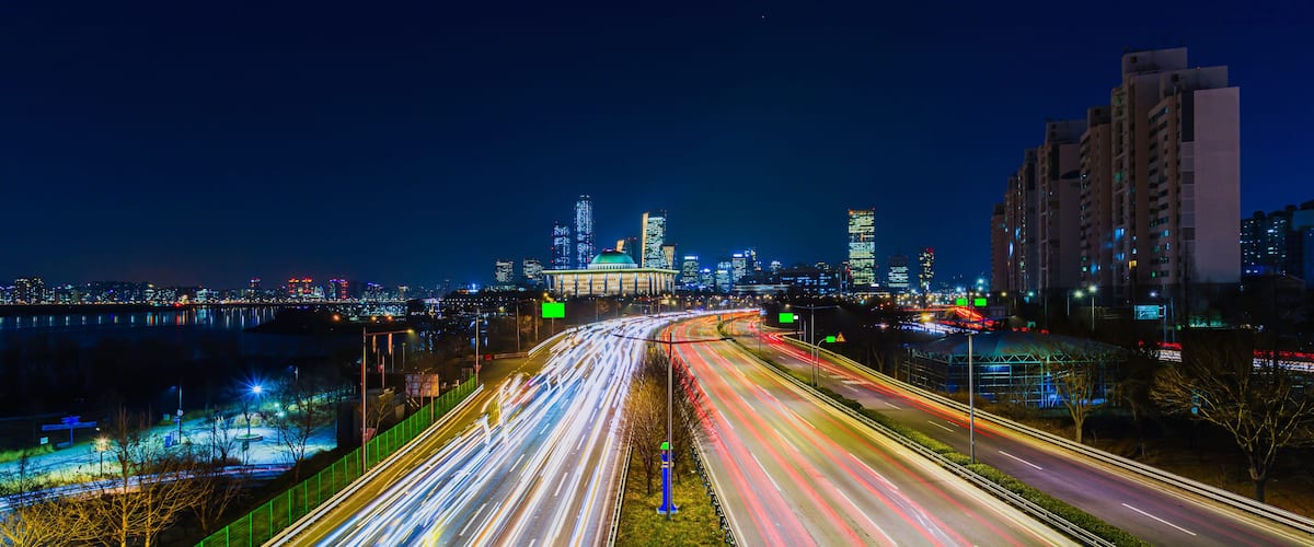 Traffic of Seoul Aerial viewpoint of National Assembly building,Hangang River in Seoul,South Korea