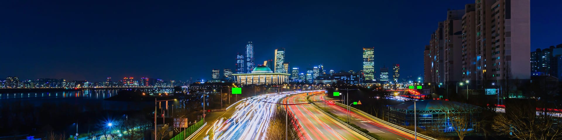 Traffic of Seoul Aerial viewpoint of National Assembly building,Hangang River in Seoul,South Korea
