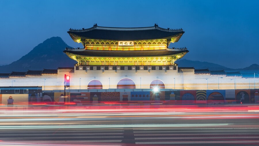 Gwanghwamun gate of Gyeongbokgung palace near Gwanghwamun square during winter night at Jongno-gu , Seoul South Korea : 7 February 2023