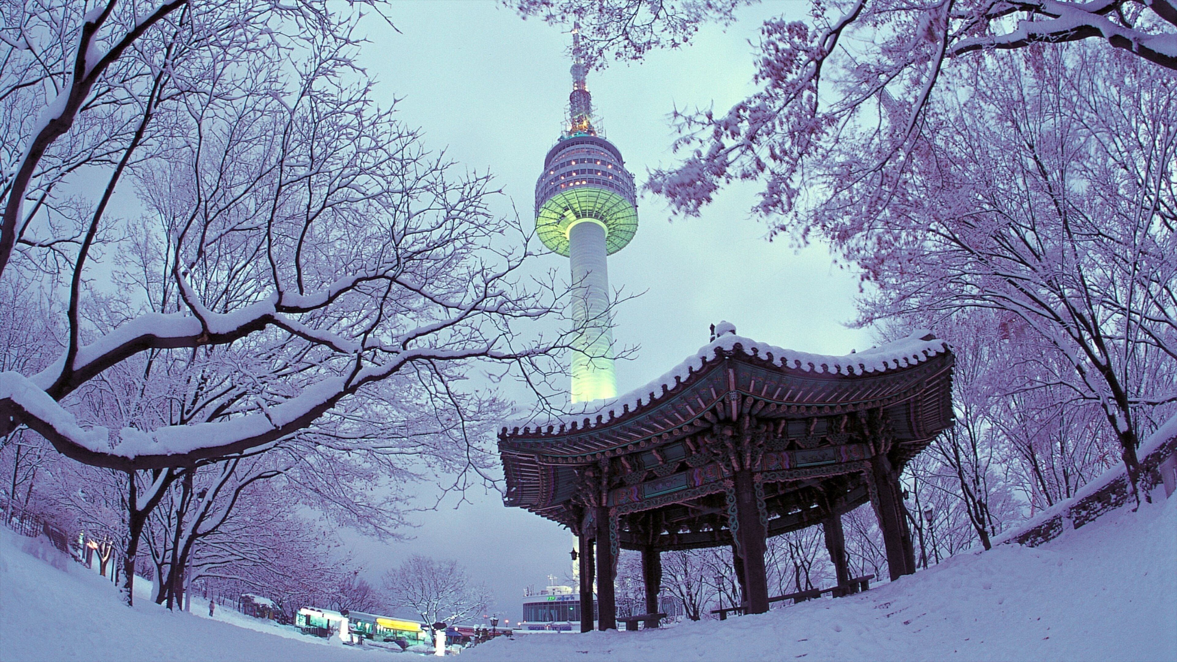 N Seoul Tower which includes snow, a high rise building and modern architecture