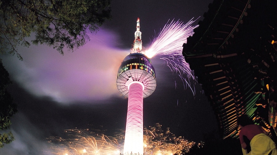 N Seoul Tower showing nightlife, a city and night scenes