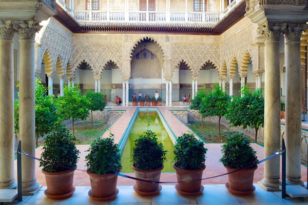 Alcázar ofreciendo un castillo, patrimonio de arquitectura y un estanque