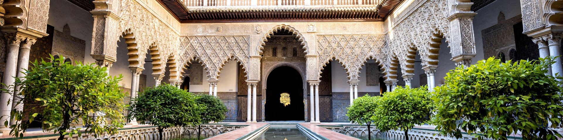 SEVILLE, SPAIN: Real Alcazar in Seville. Patio de las Doncellas in Royal palace, Real Alcazar (built in 1360), Spain
