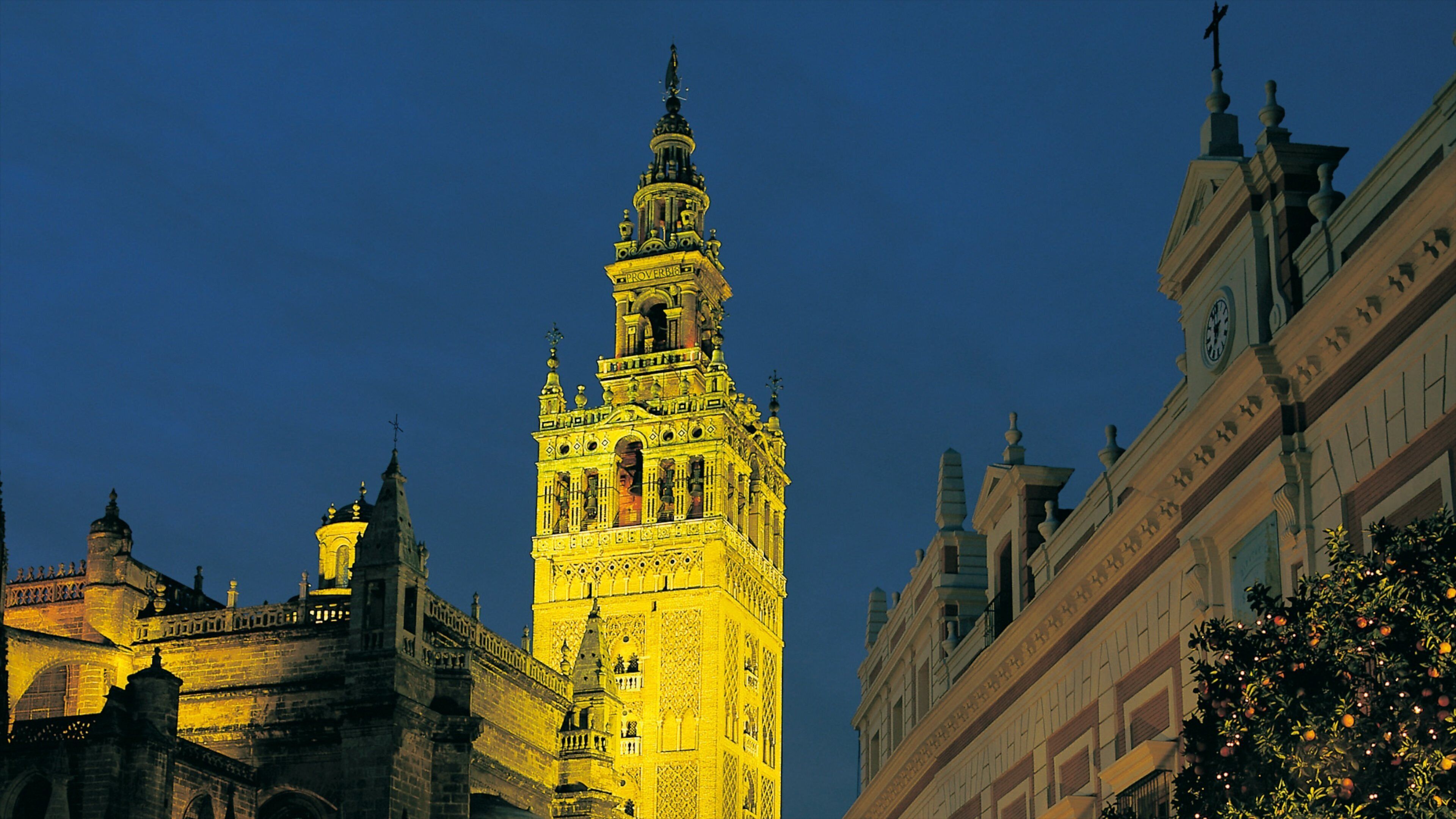 Giralda ofreciendo escenas nocturnas, arquitectura patrimonial y una ciudad