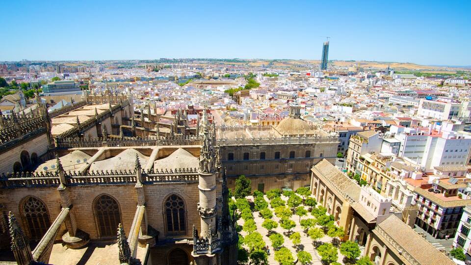 A cityscape with historic architecture, a prominent cathedral, and a distant tower.