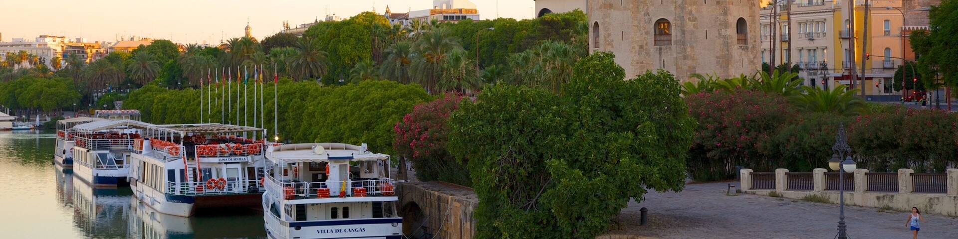 Torre del Oro Watchtower featuring military items, a river or creek and heritage architecture