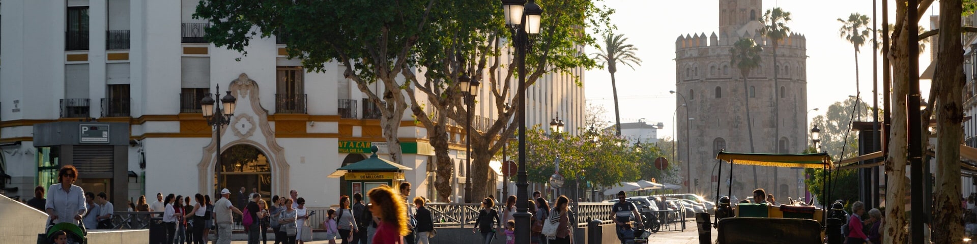 Torre del Oro Watchtower which includes a sunset and street scenes as well as an individual femail