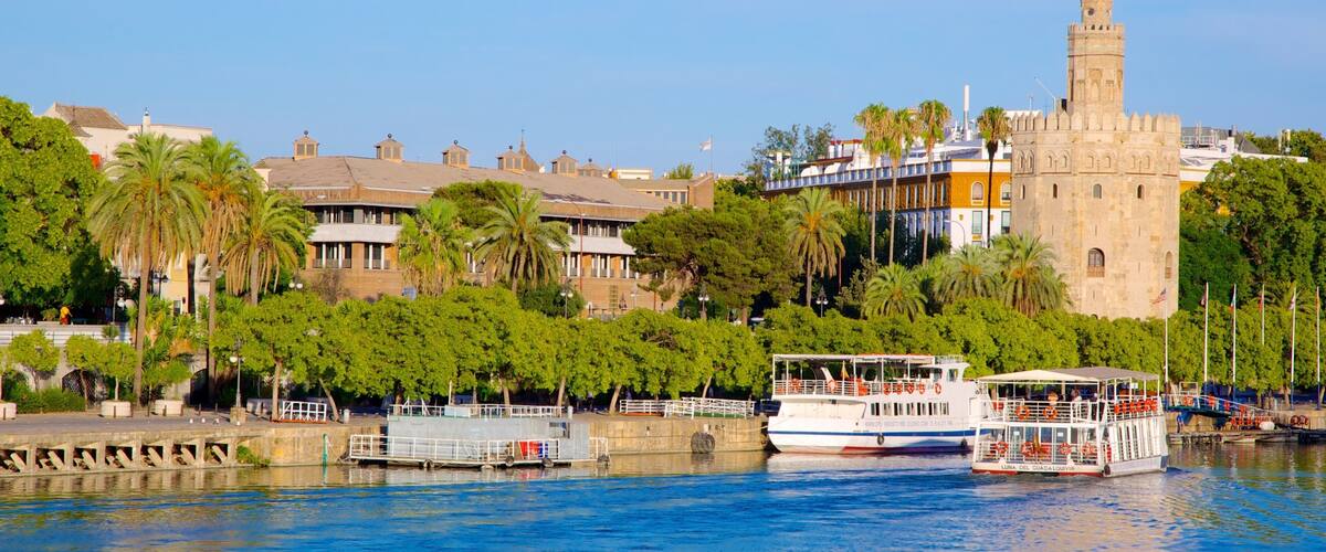 Torre del Oro toont historische architectuur, een jachthaven en een kuststadje