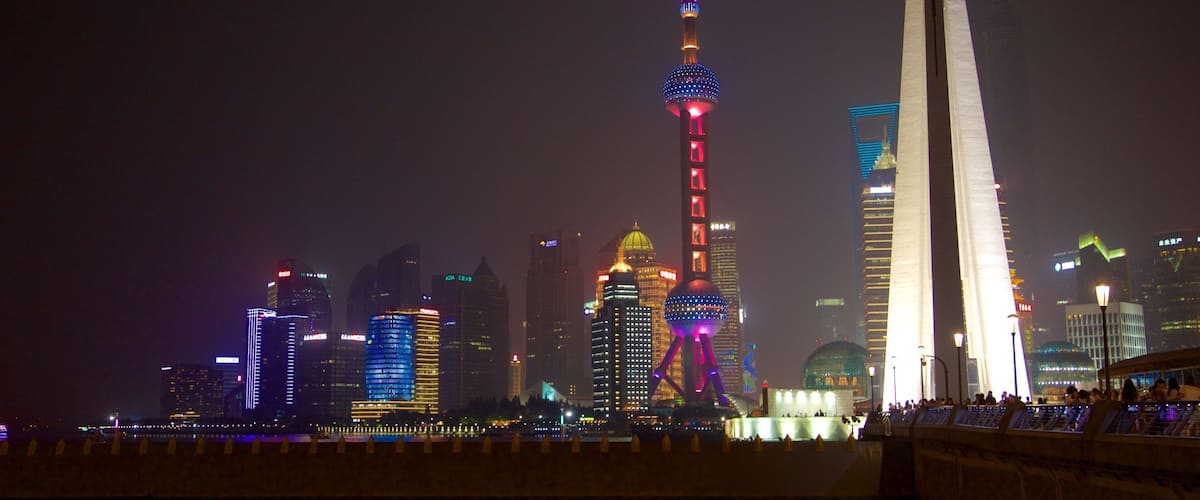 Oriental Pearl Tower showing night scenes and a city