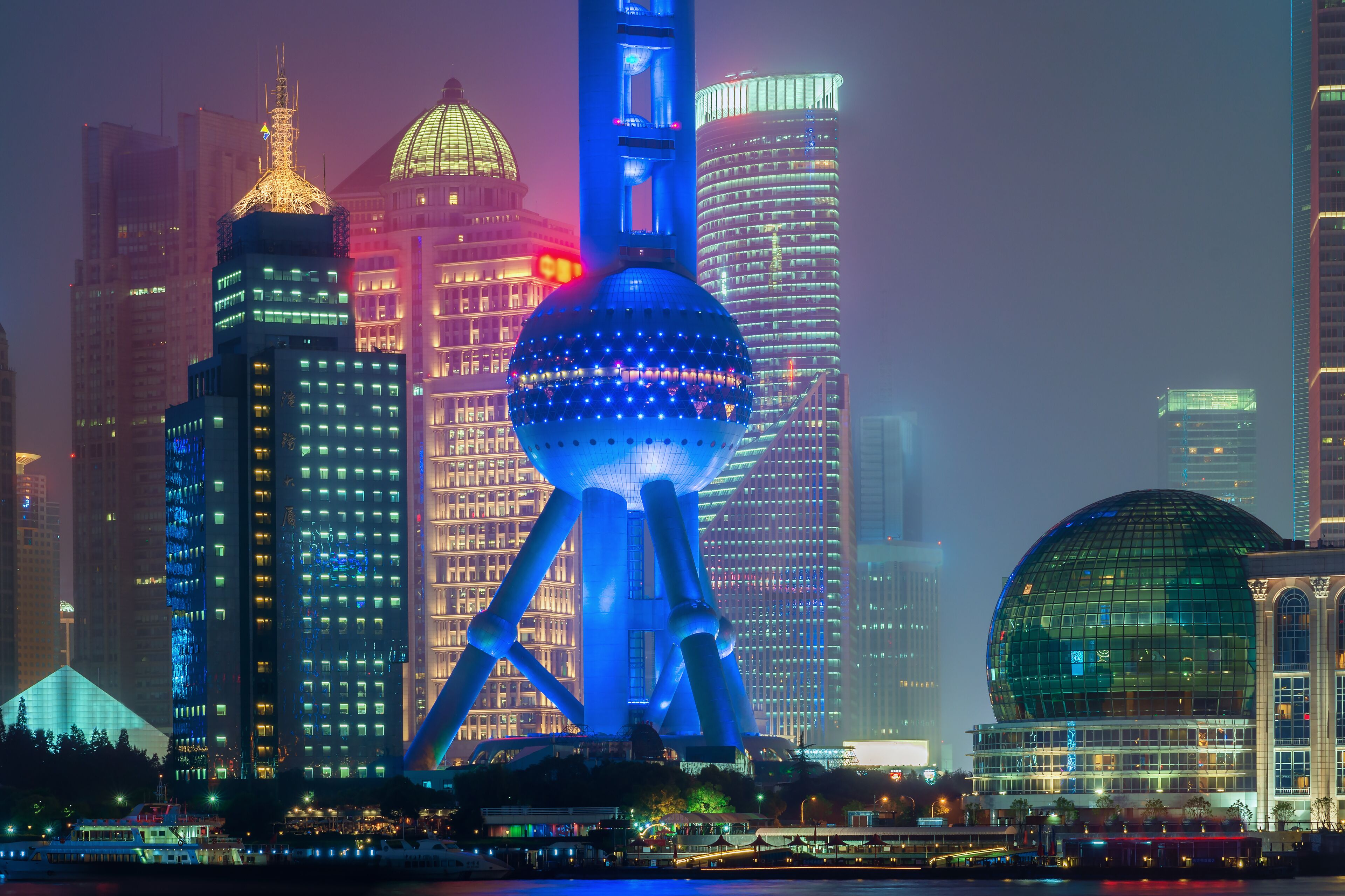 Shanghai oriental pearl tower in night at Shanghai, China.