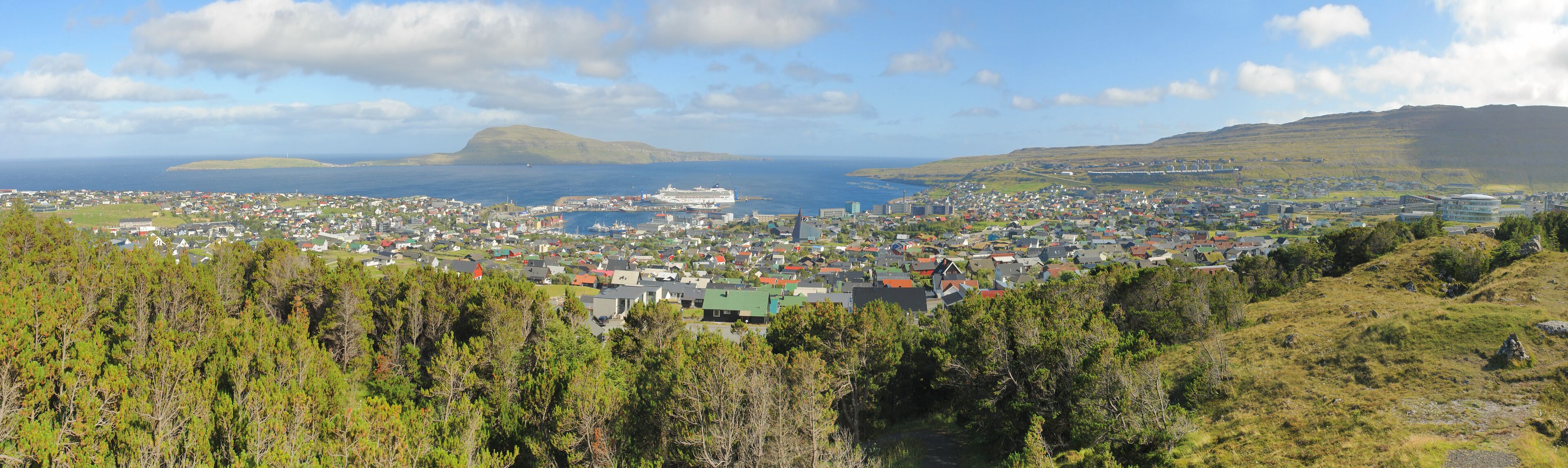 A coastal town with a harbor, a cruise ship, and a mountainous backdrop.