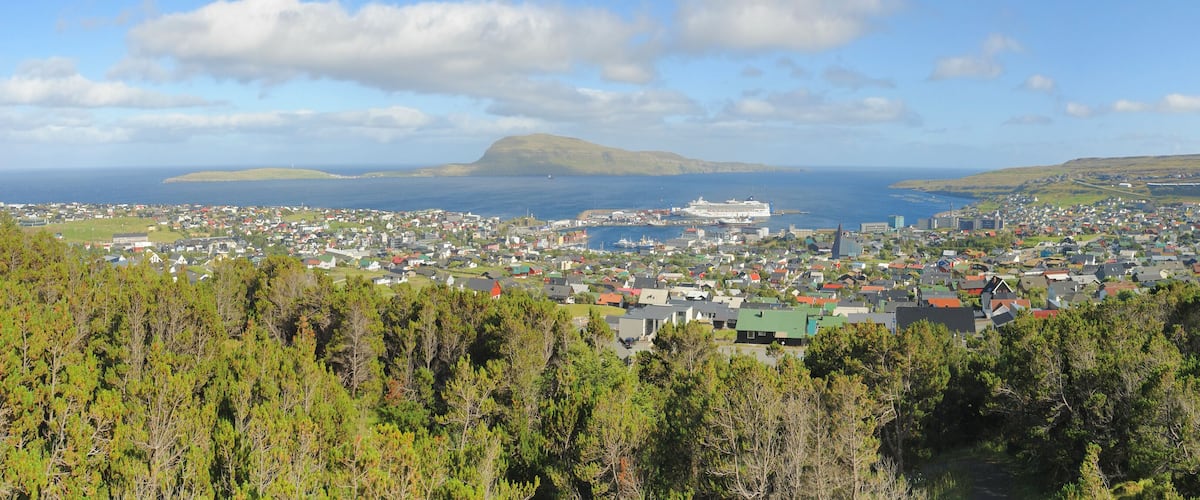 A coastal town with a harbor, a cruise ship, and a mountainous backdrop.